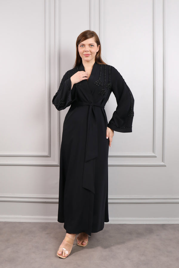 Boncuk İşlemeli Beli Kuşaklı Abaya Siyah