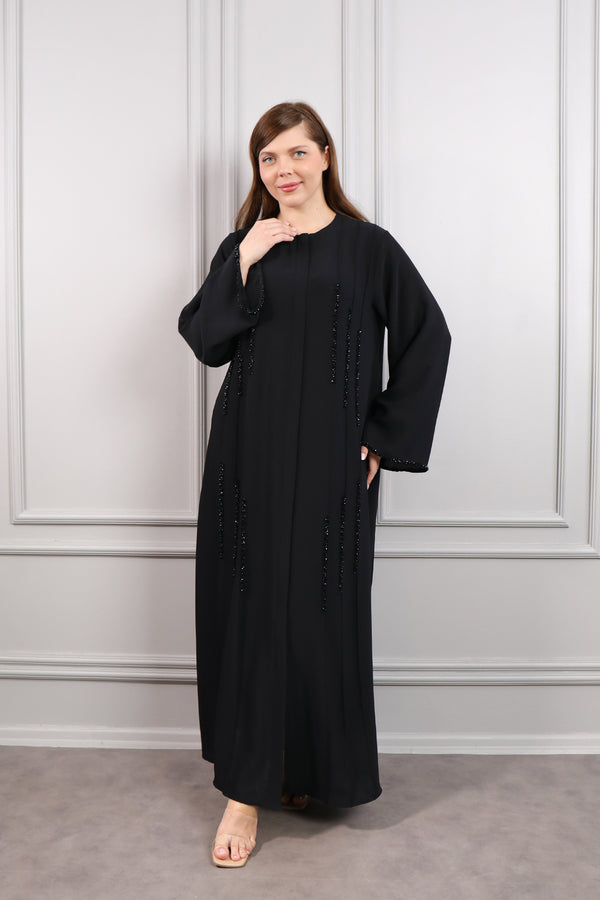 Oval Yaka Boncuk İşlemeli Büyük Beden Abaya Siyah