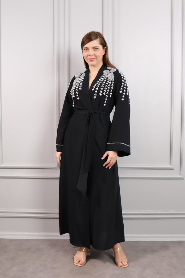 Boncuk İşlemeli Beli Kuşaklı Abaya Siyah