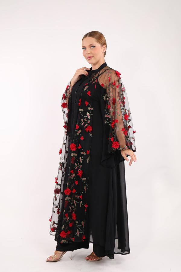 Çiçek Detaylı Tüllü Abaya Siyah