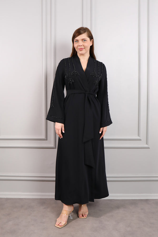 Boncuk İşlemeli Beli Kuşaklı Abaya Siyah